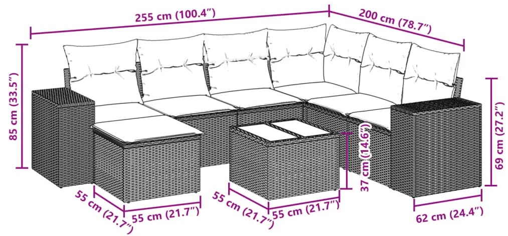 8 pcs conjunto de sofás p/ jardim com almofadões vime PE bege