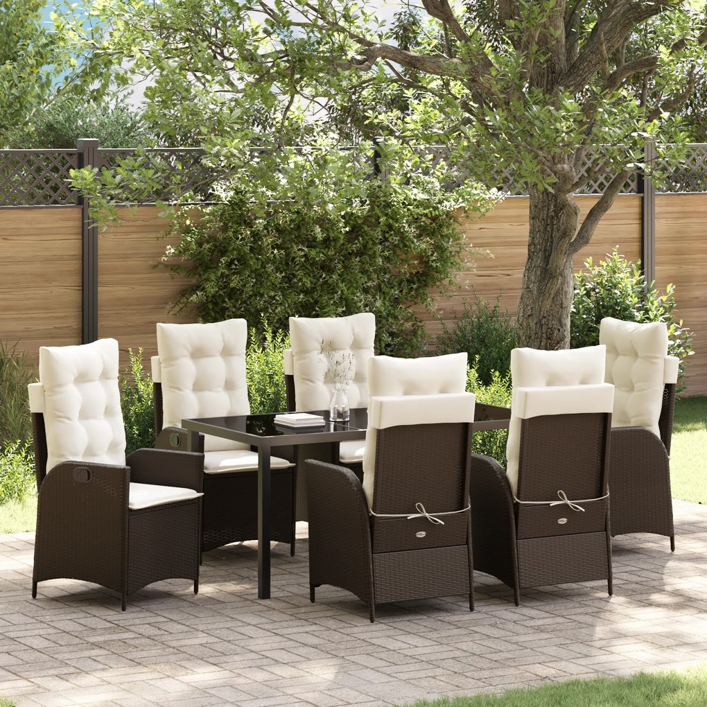 vidaXL Conjunto de Jantar de Jardim 7 Peças com Almofadas Castanho Rattan Poliéster