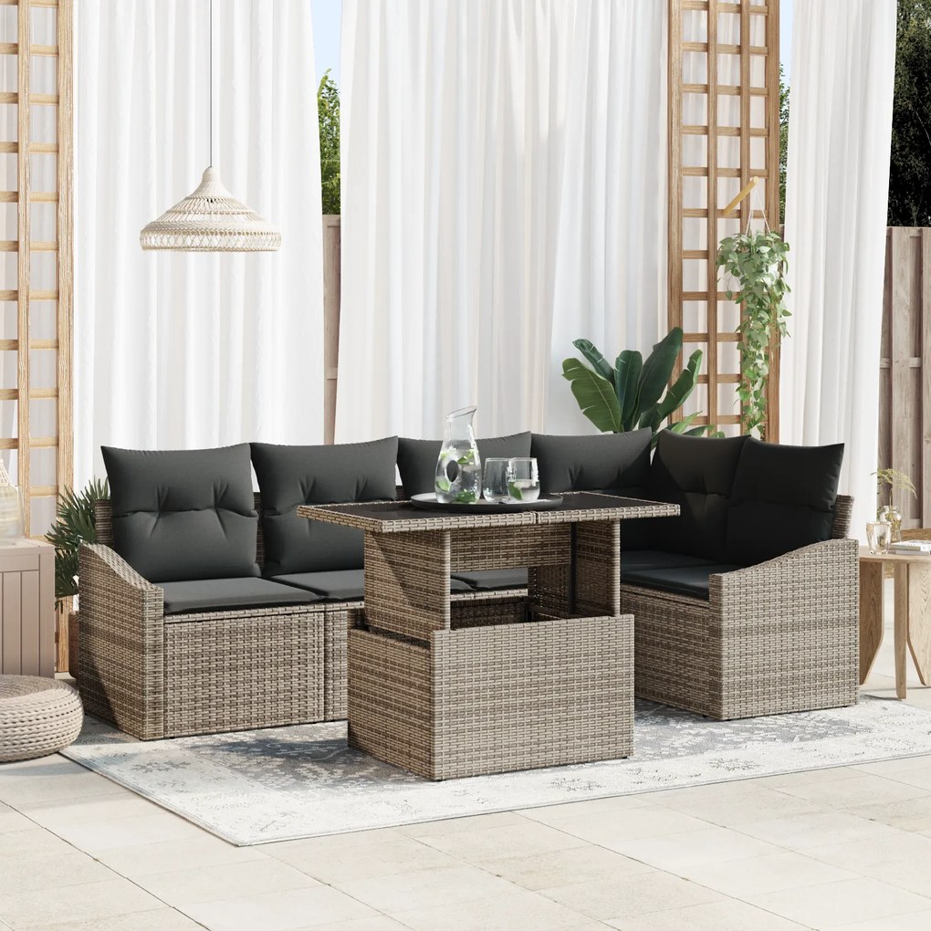 Conjunto de Sofá de Jardim 6 Peças com Almofadas Cinza Rattan Sintétic