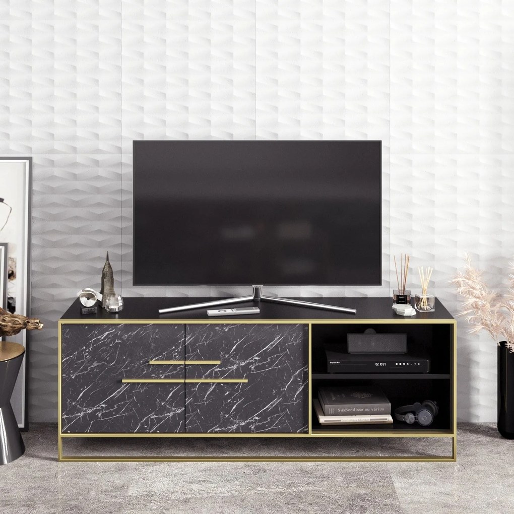 Móvel de TV SIENA em Mármore Preto com 2 Portas e Base Dourada – 160x3