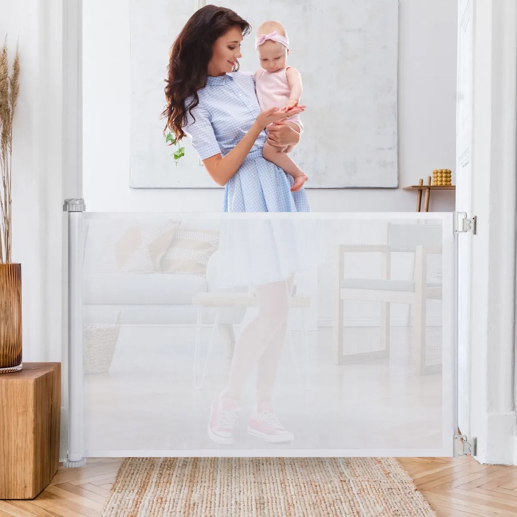 Barreira Segurança Retráctil para Crianças ou Animais de Estimação Escadas Entrada 142 x 85,5 cm Branco