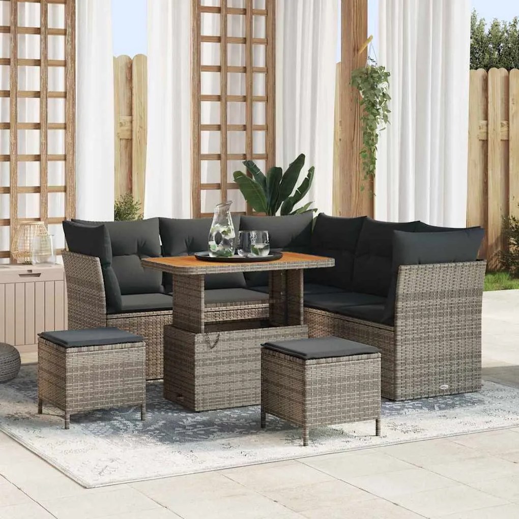 vidaXL Conjunto de sofá de jardim com 8 peças e almofadas de rattan e acácia.