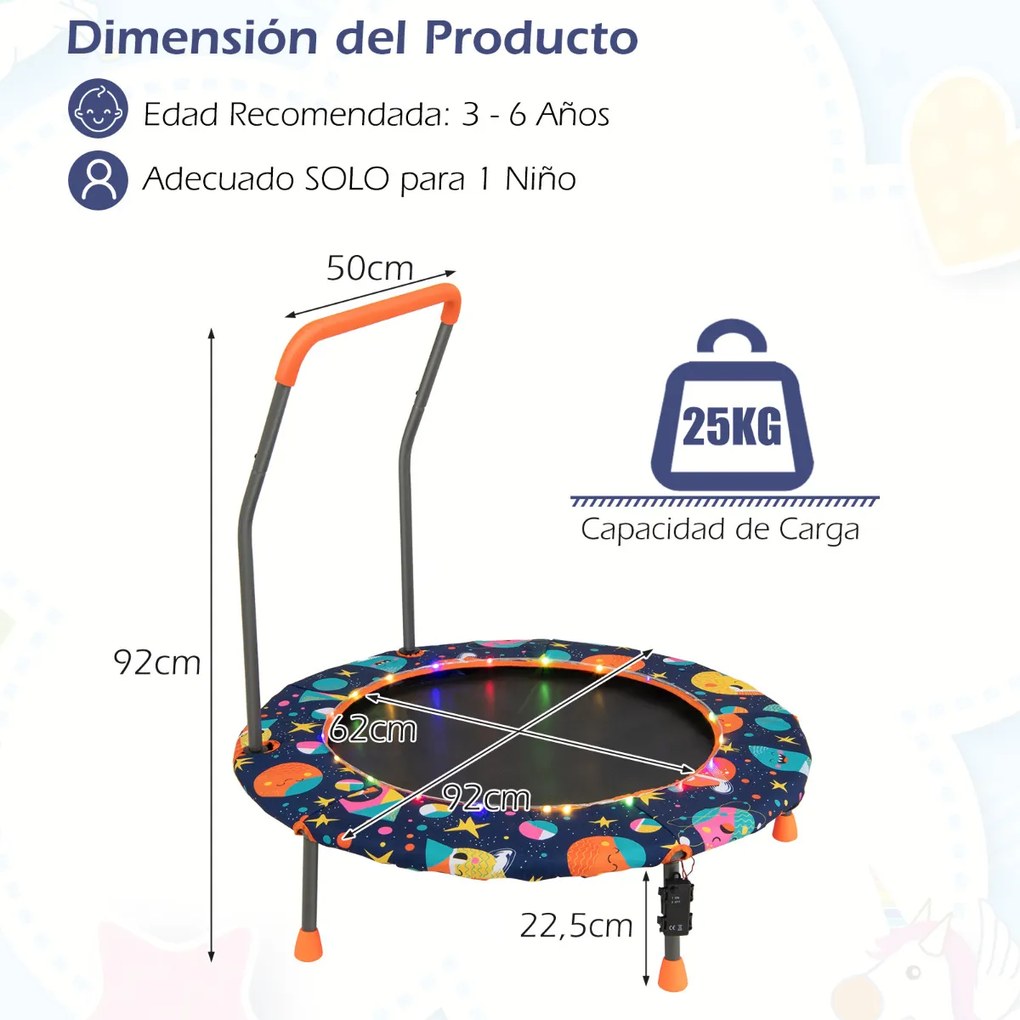 Trampolim para crianças 92 cm com luzes LED Pega de segurança Tapete de saltos redondo Cobertura 3-6 anos Multicolorido