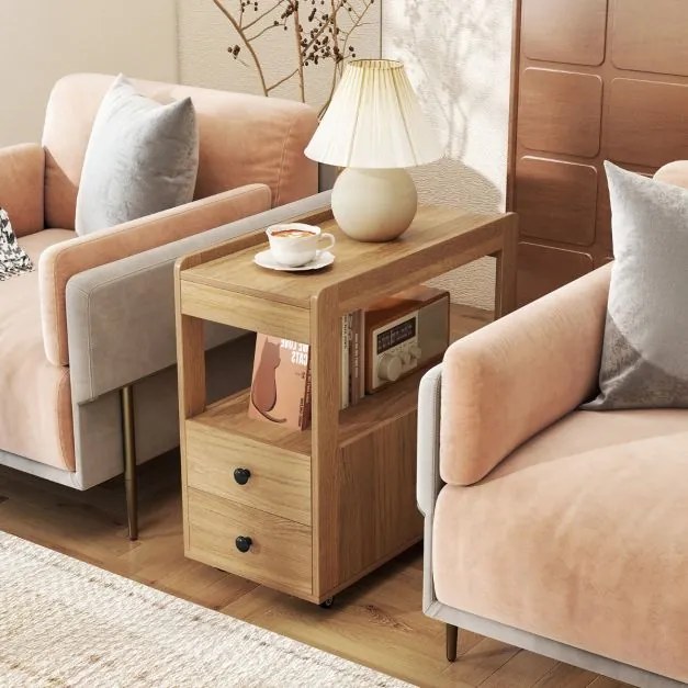 Mesa Lateral para Sofá ou Mesa de Cabeceira 65 x 30 x 62 cm com 2 Gavetas e Prateleiras Abertas com Rodas para Sala Natural