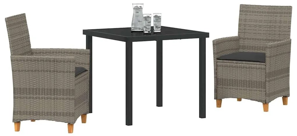 Conjunto de jantar de jardim com 3 peças e almofadas cinzas em polirat