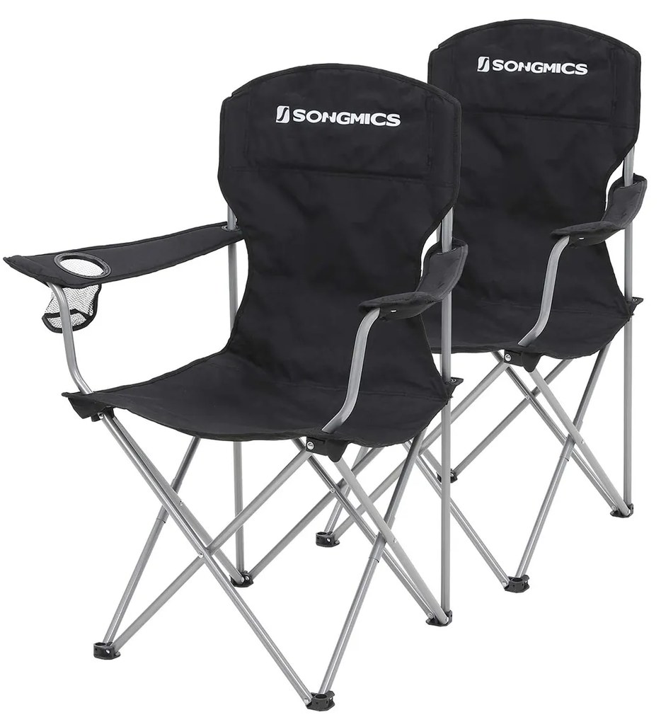 SONGMICS Conjunto de 2 cadeiras dobráveis ​​de acampamento, estrutura confortável e resistente, máx. Capacidade de carga 150 kg, com porta-copos, cadeiras de exterior, preto GCB08BK