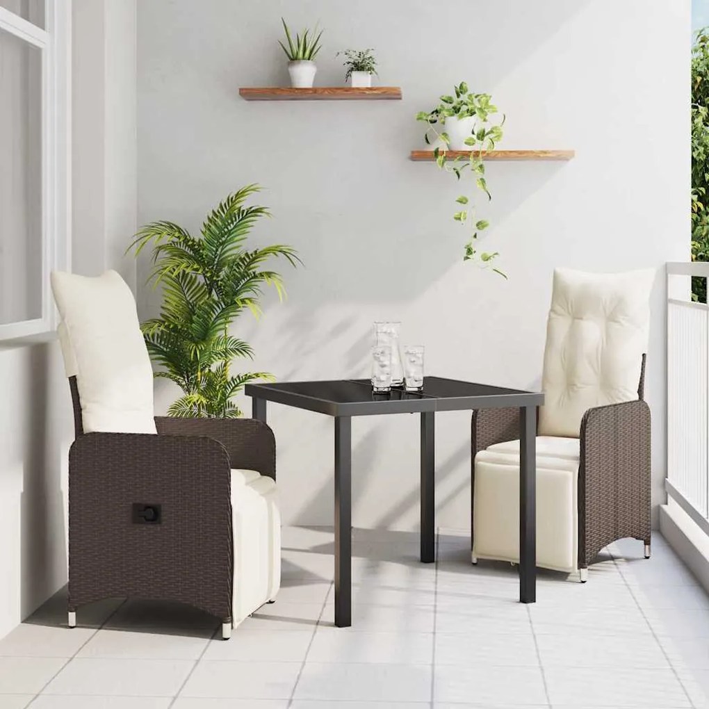 vidaXL Conjunto de Jantar de Jardim 3 Peças com Almofadas em Rattan Castanho e Poliéster.