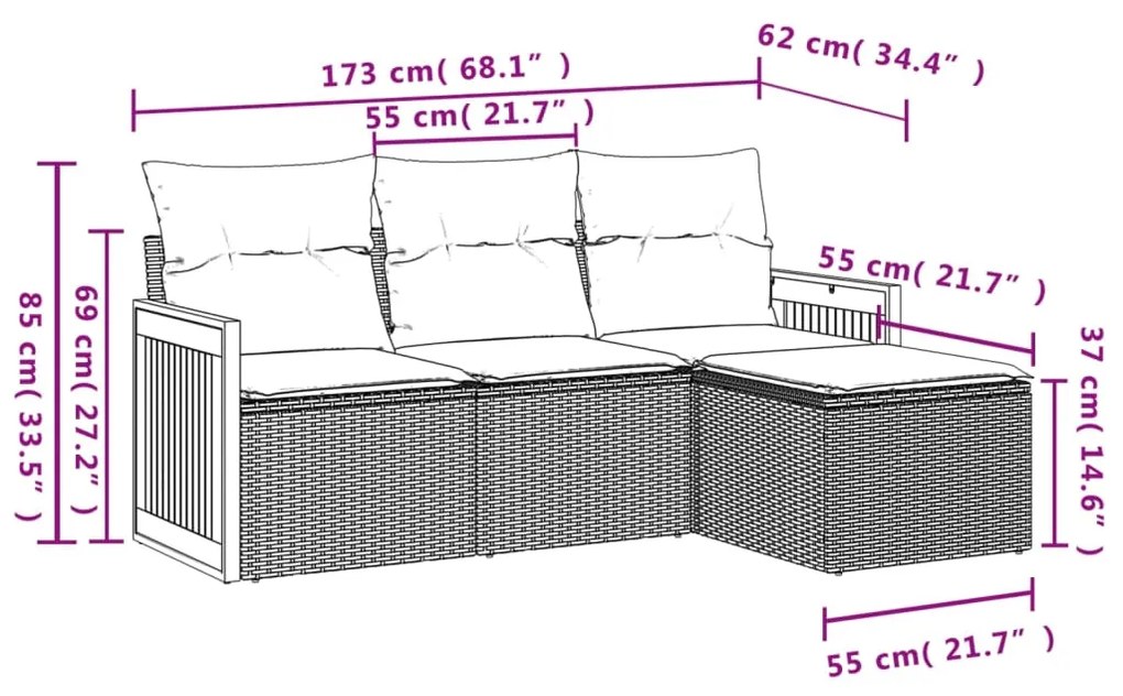 4 pcs conjunto de sofás para jardim c/ almofadões vime PE bege