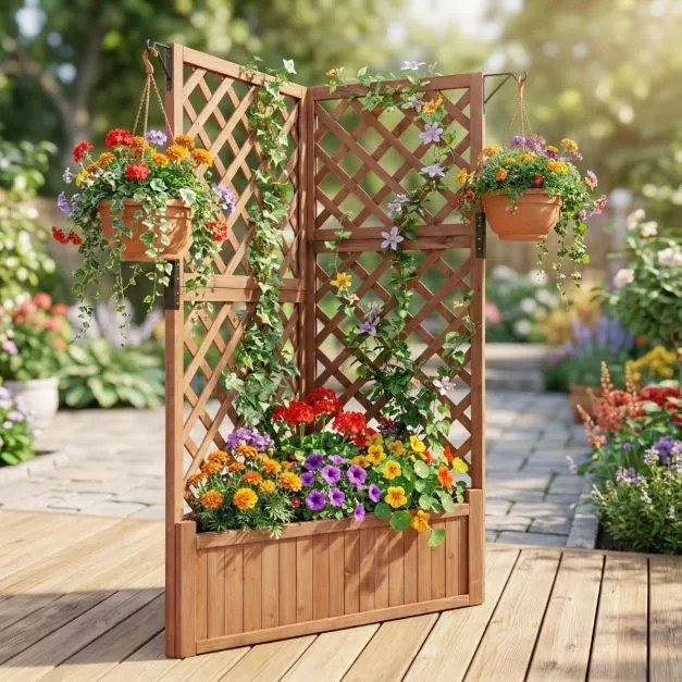 Floreira de jardim 55 x 55 x 140 cm elevada de canto com treliça para trepar com orifícios de drenagem para plantas Castanha