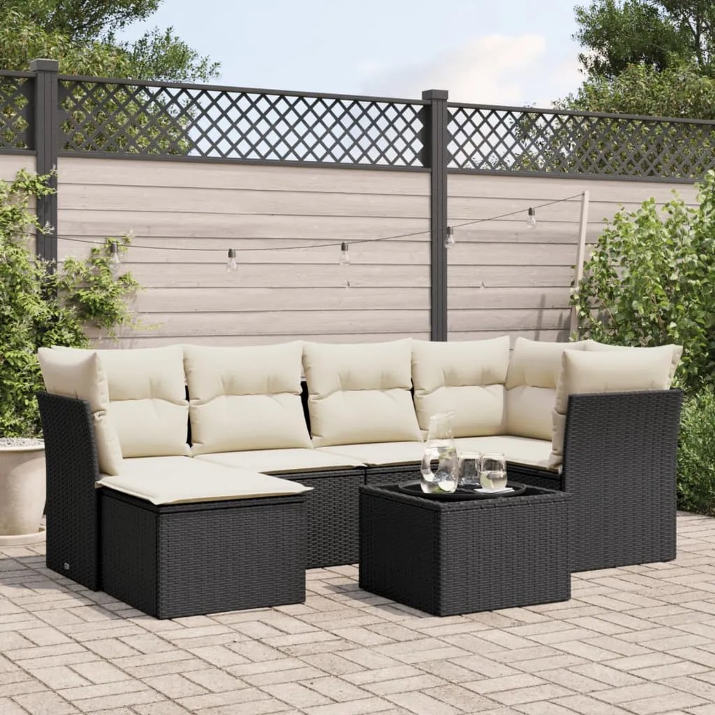7 pcs conjunto de sofás p/ jardim c/ almofadões vime PE preto