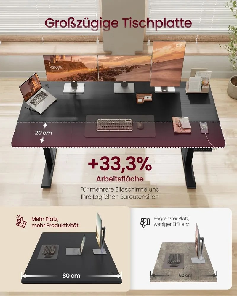 Secretária elétrica com altura ajustável 160 x 80 x (72-120) cm, porta USB e função de memória Preta