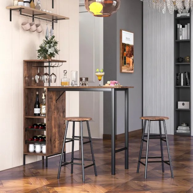 Conjunto de 3 peças de mesa e cadeiras de bar, mesa industrial e bancos com porta-copos, prateleiras para sala de jantar, cozinha Castanho