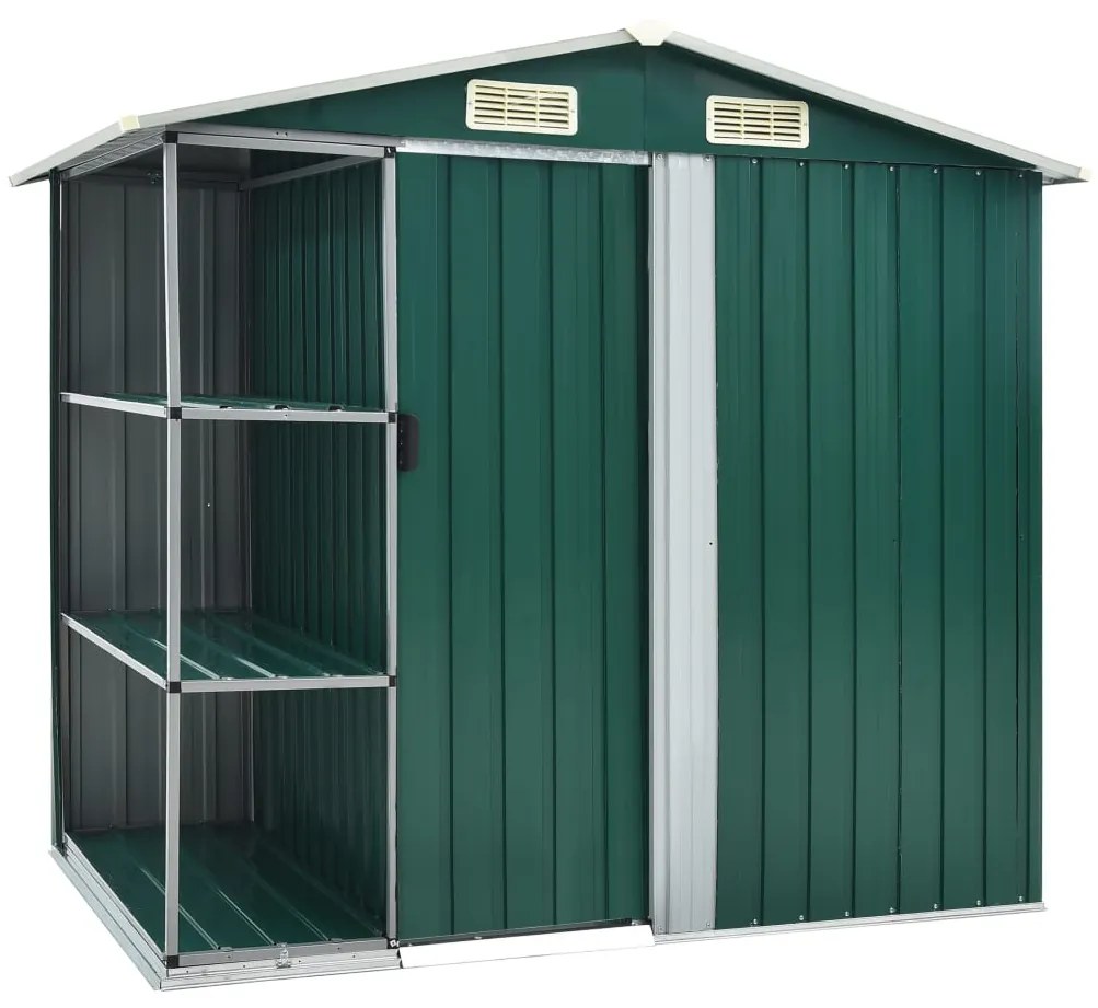47104 vidaXL Abrigo de jardim c/ prateleiras 205x130x183 cm ferro verde