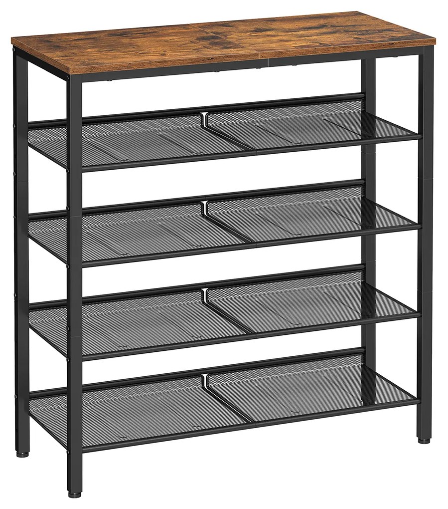 Sapateira VASAGLE de 5 níveis, alta para armazenamento de sapatos com 4 prateleiras de malha e tampo grande para bolsas, economiza espaço para entrada, corredor, aço, industrial, marrom rústico e preto LBS038B01