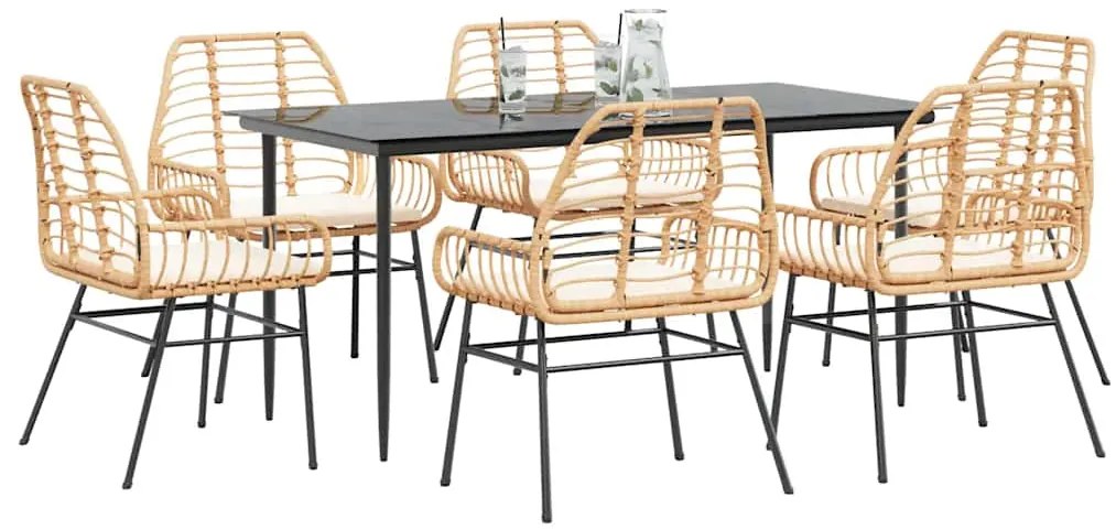 Conjunto jantar jardim 7 peças almofadas vidro vime PE castanho