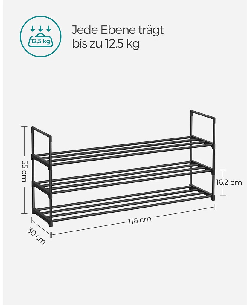 Sapateira com 3 níveis em metal 30 x 116 x 55 cm empilhável Preto