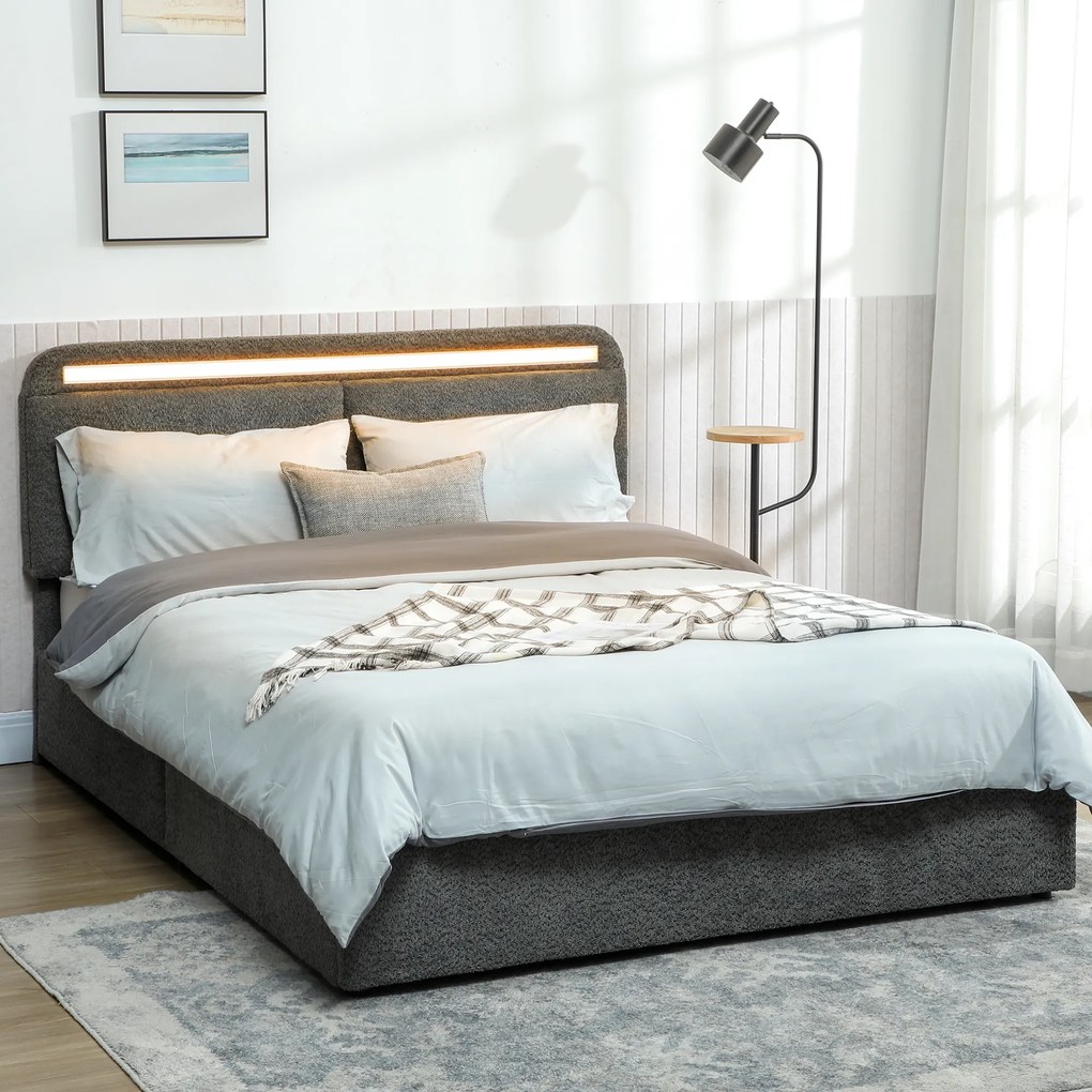 Cama com arrumação 140 x 190 cm com iluminação LED (COLCHÃO NÃO INCLUIDO), cabeceira ajustável, estrutura de cama de casal, base de ripas de madeira,