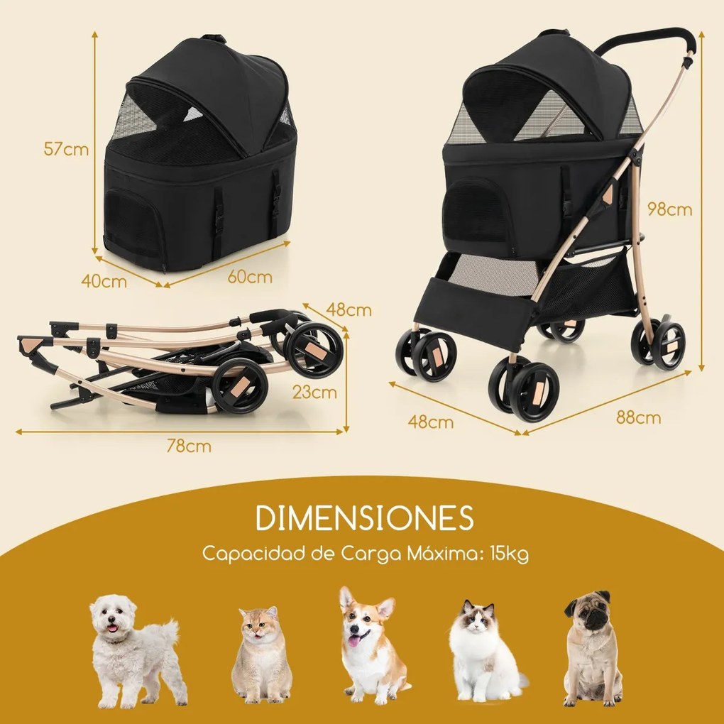 Carrinho de passeio dobrável para animais de estimação toldo ajustável e cesto de arrumação 88 x 48 x 98 cm