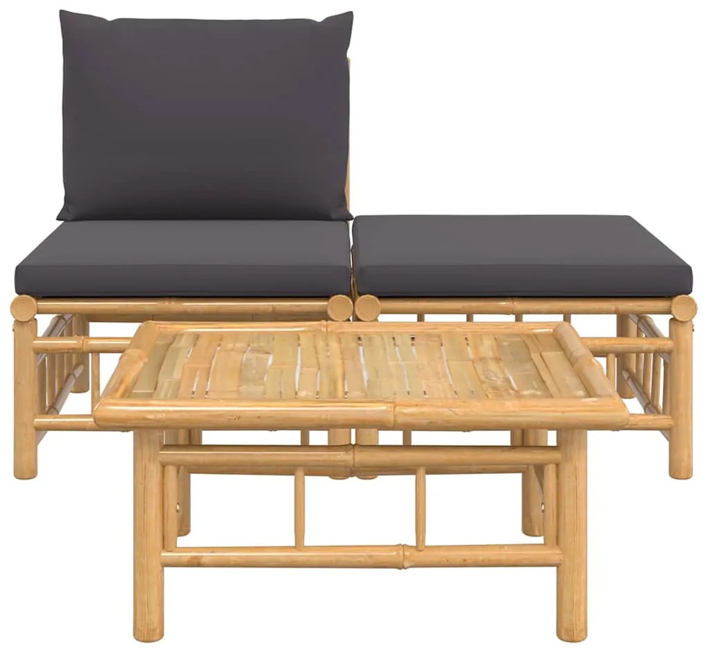 3pcs conj. lounge de jardim bambu c/ almofadões cinzento-escuro