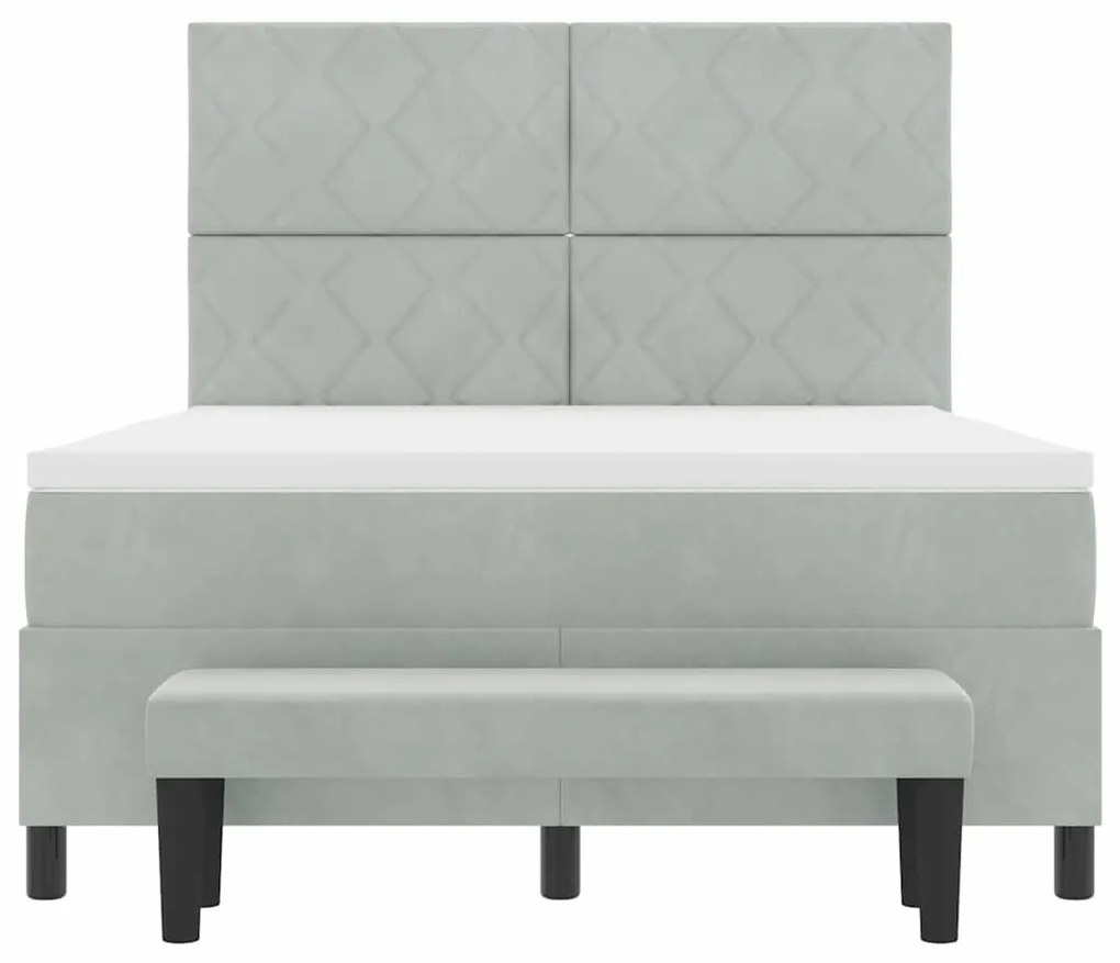 Cama Box Spring com Colchão &amp; Banco Cinza Claro 140x200 cm Veludo