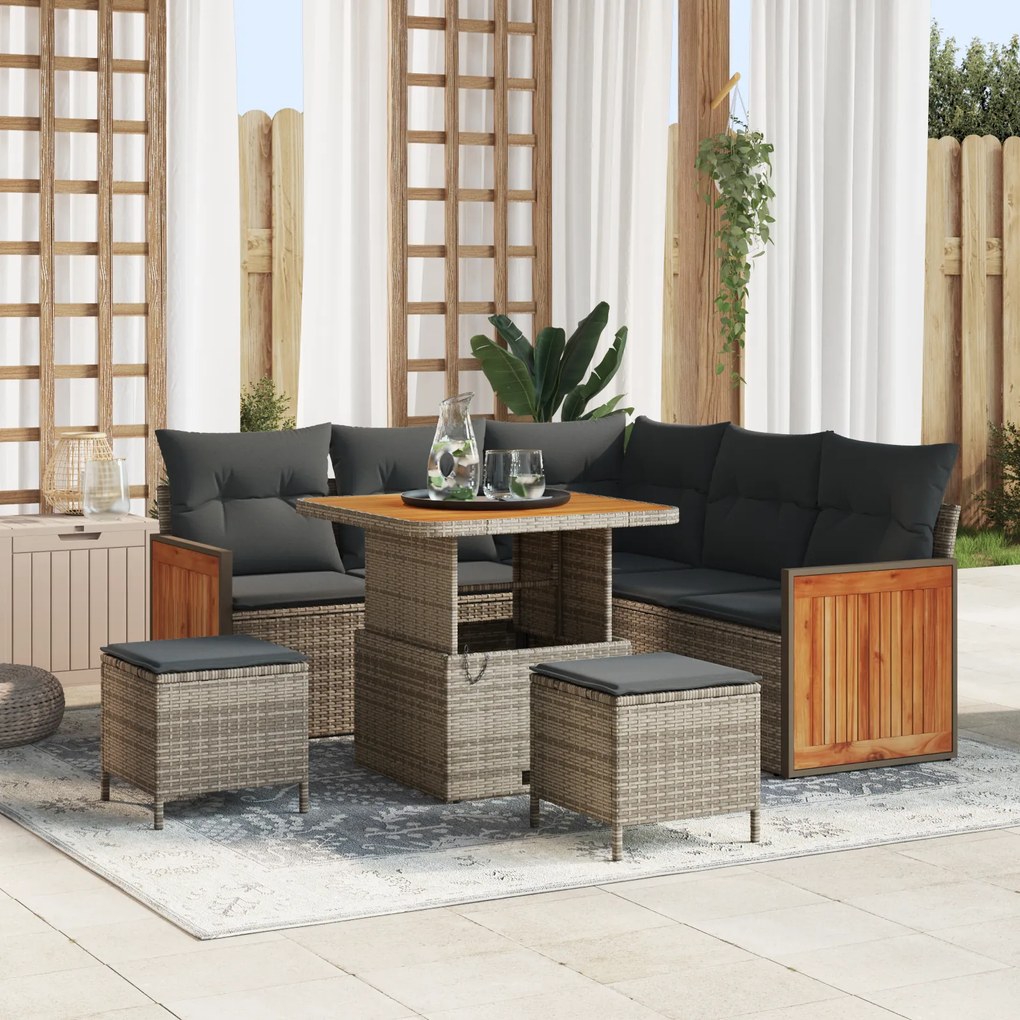 Conjunto de Sofá de Jardim de 8 Peças com Almofadas Cinza Rattan Sintético Acácia