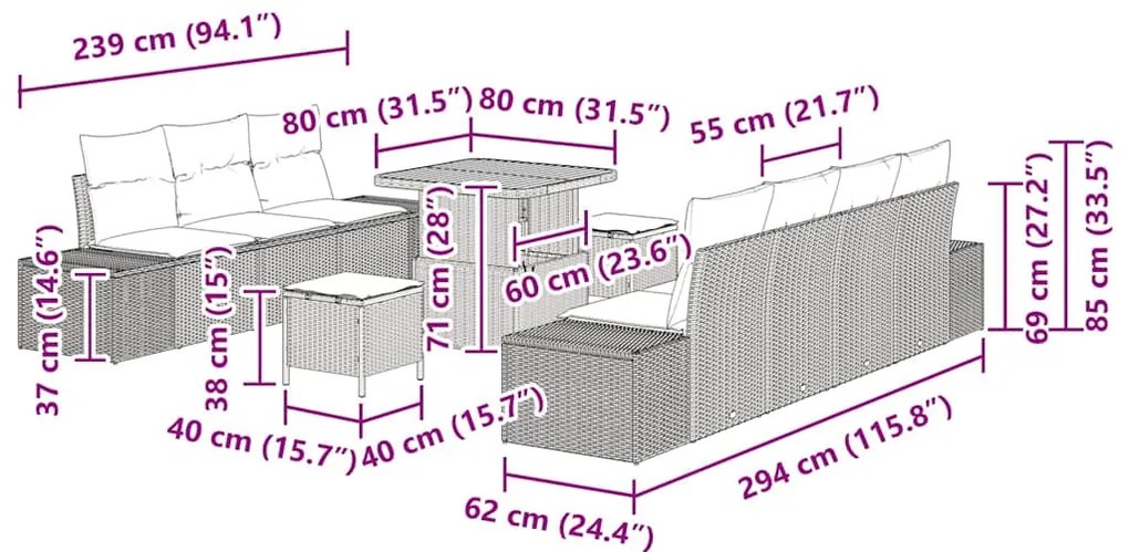 Conjunto de Sofá de Jardim de 10 Peças com Almofadas de Polirattan Beg