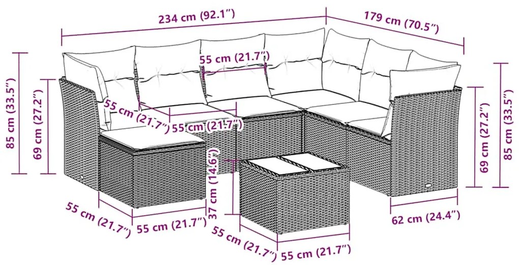 8 pcs conj. sofás jardim c/ almofadões vime PE cinzento-claro