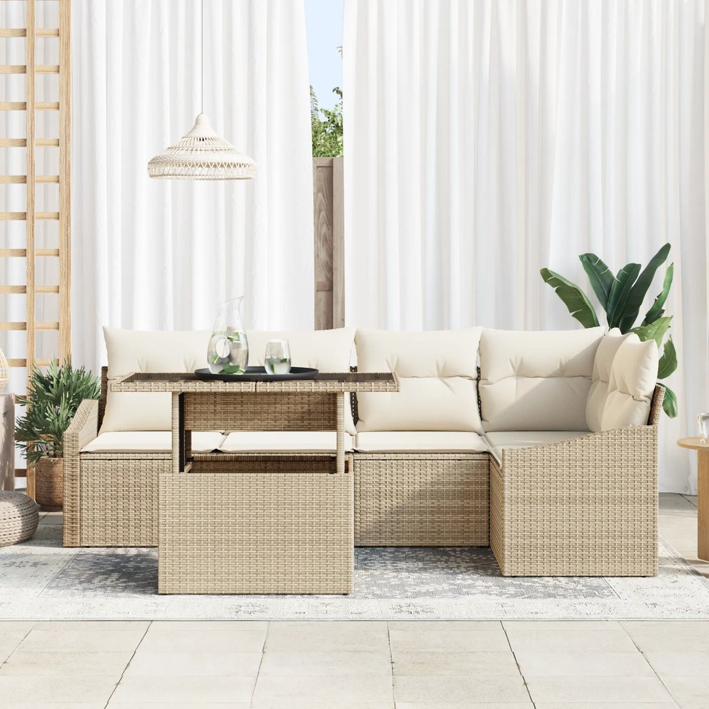 Conjunto de Sofá de Jardim 6 Peças com Almofadas Bege em Rattan