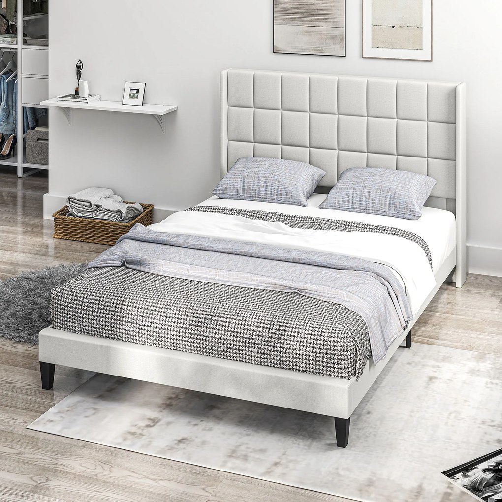 Estrutura de Cama 135x190 cm com Cabeceira Estofada em Linho e Espaço de Armazenamento Debaixo da Cama Bege