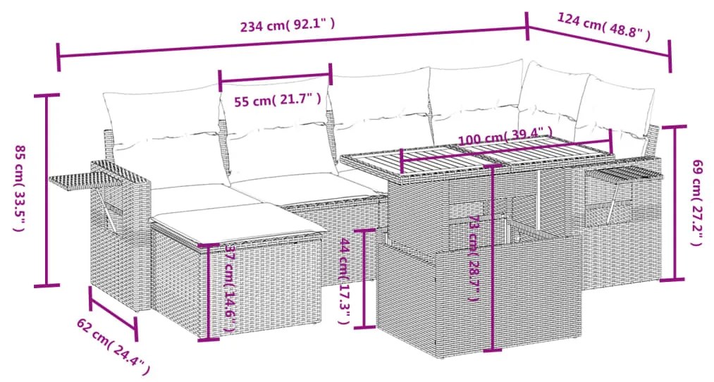 7 pcs conjunto sofás p/ jardim c/ almofadões vime PE cinzento