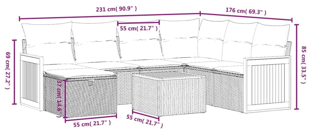 8 pcs conjunto sofás de jardim com almofadões vime PE preto
