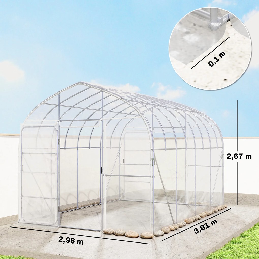 Estufa em túnel para jardim 296 (L) x 391 (P) x 267 (A) cm, 12 m², película PO antigotejamento, aço galvanizado de 25 mm, estrutura reforçada, 2 porta