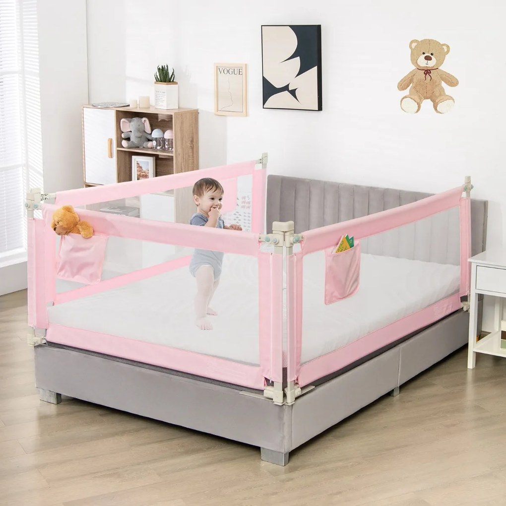 Barra de Segurança de cama para crianças com bolso lateral e altura ajustável 72,5-101,5 cm Rosa