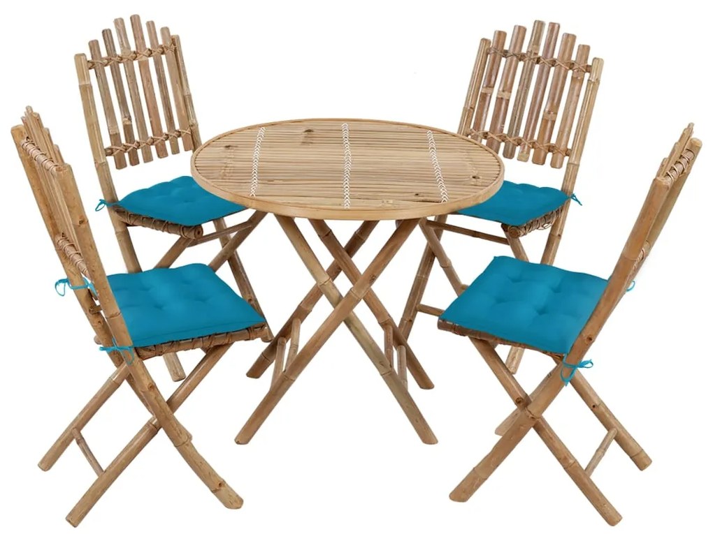 vidaXL 5 pcs conj. de jantar dobrável c/ almofadões p/ exterior bambu