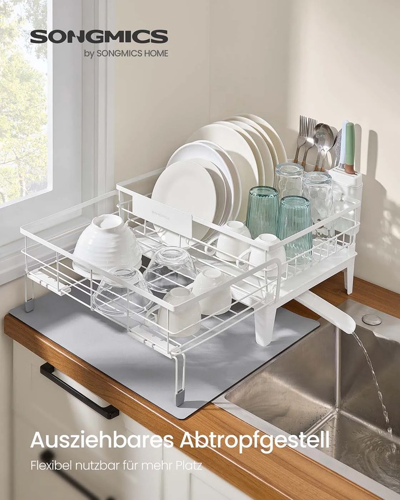 Escorredor de pratos (31-56) x 42 x 20 cm com tapete de silicone e ralo, branco mate-cinza