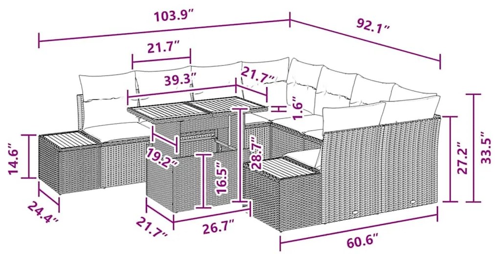 Conjunto de Jantar de Jardim com 9 Peças, Almofadas Pretas em Rattan S