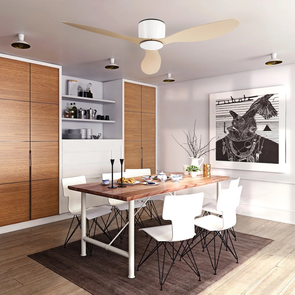 HOMCOM Ventoinha de Teto Motor DC Ø132x18 cm com Controle Remoto 3 Lâminas Reversíveis 6 Velocidades e Temporizador Silencioso para Dormitórios Sala de Jantar Branco e Natural