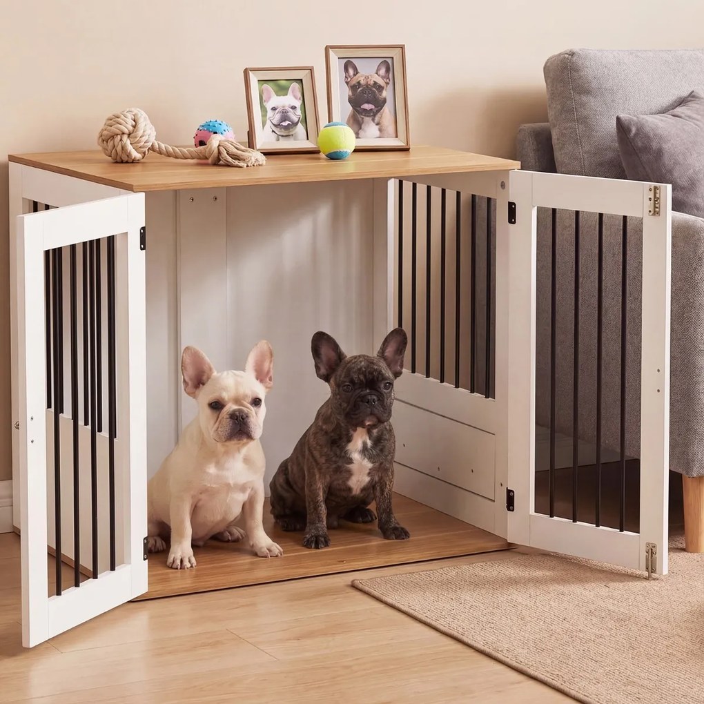 Gaiola para cães 80 x 55,5 x 71,5 cm com mesa auxiliar e comedouro giratório a 360°, portas com fechadura dupla e tigelas para animais de estimação de