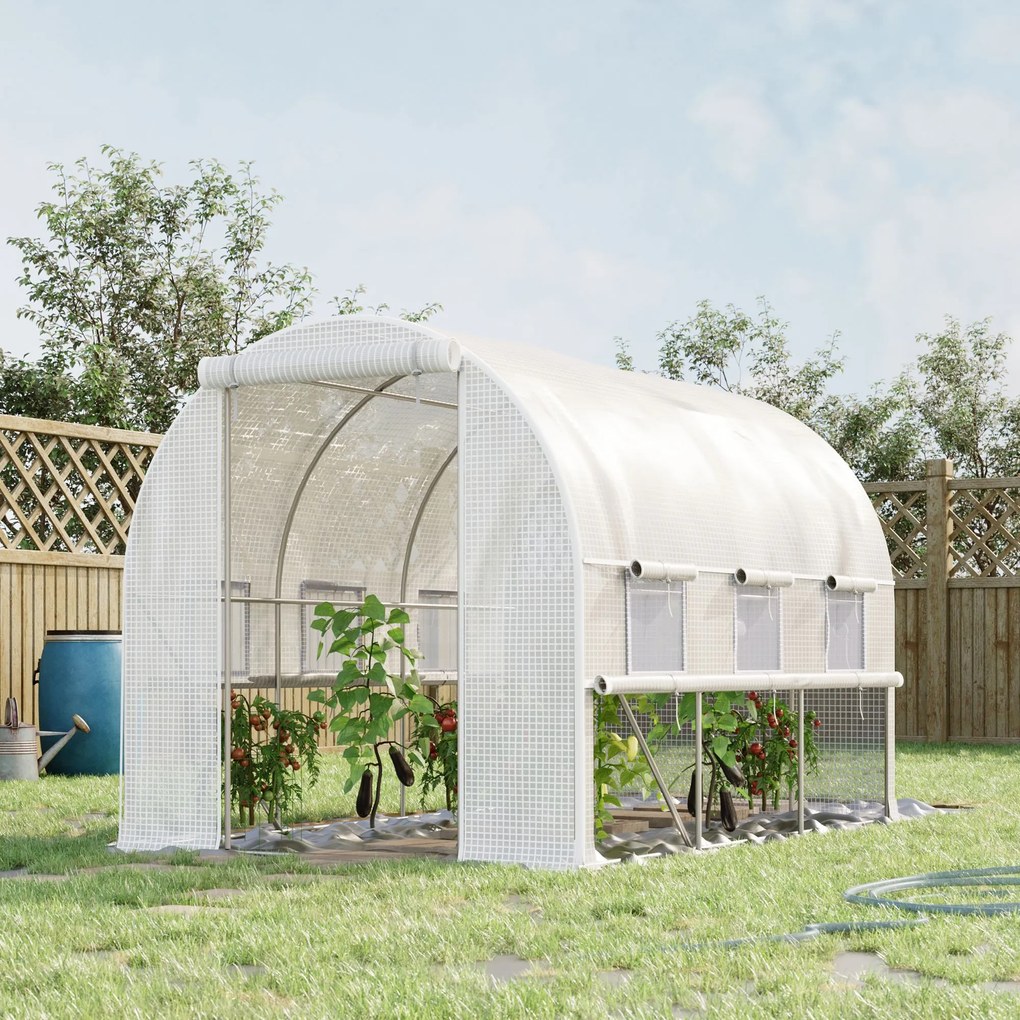 Estufa de jardim tipo túnel com 6 m², 295 x 200 x 200 cm 6 janelas, porta enrolável, lona de PE e estrutura em aço galvanizado branco