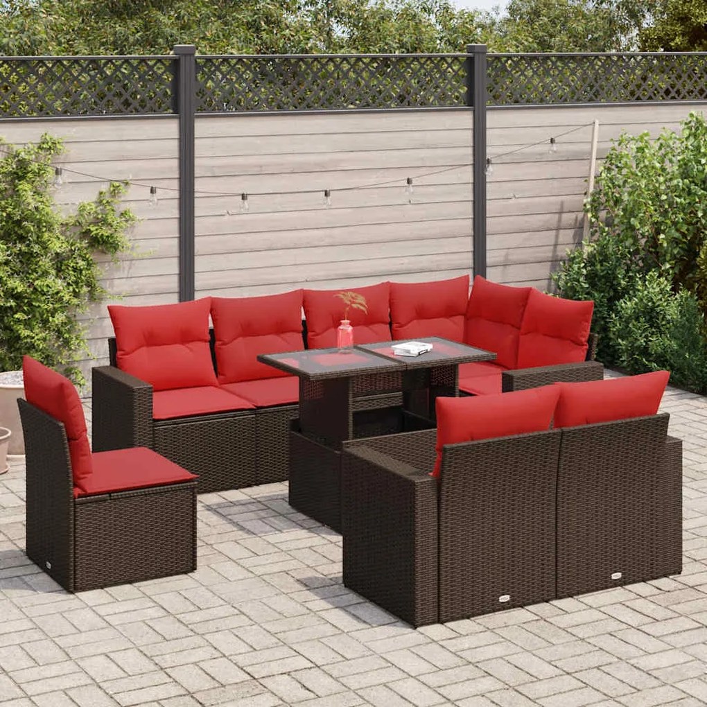 9 pcs conj. sofás jardim c/ almofadões vime PE/acácia castanho