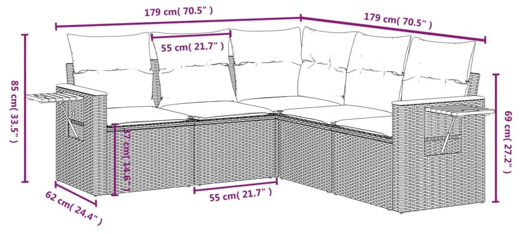 5 pcs conjunto sofás de jardim c/ almofadões vime PE cinzento