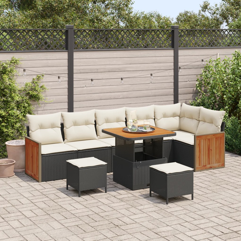 Conjunto de Sofás de Jardim vidaXL de 9 Peças com Almofadas Preto Poliratan Acácia