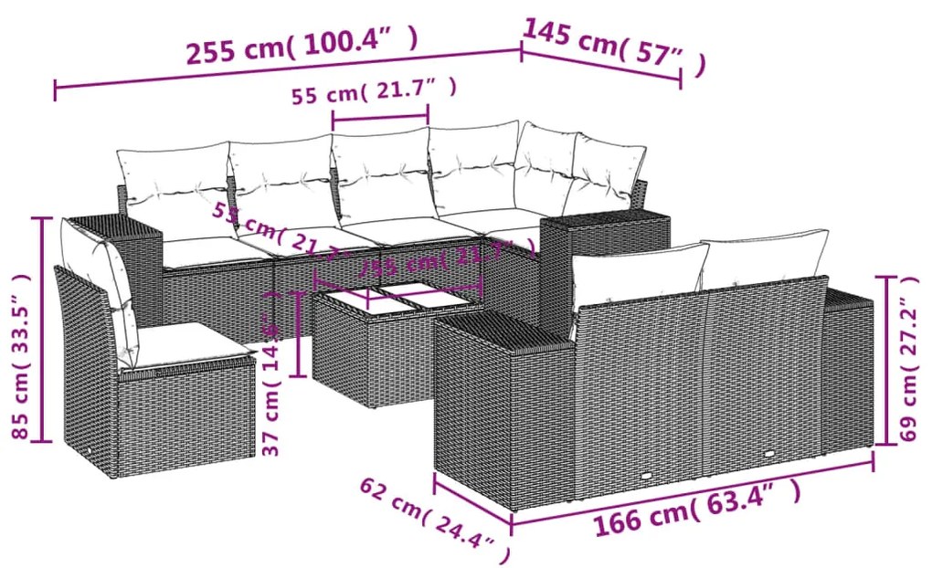 9 pcs conjunto de sofás p/ jardim com almofadões vime PE bege