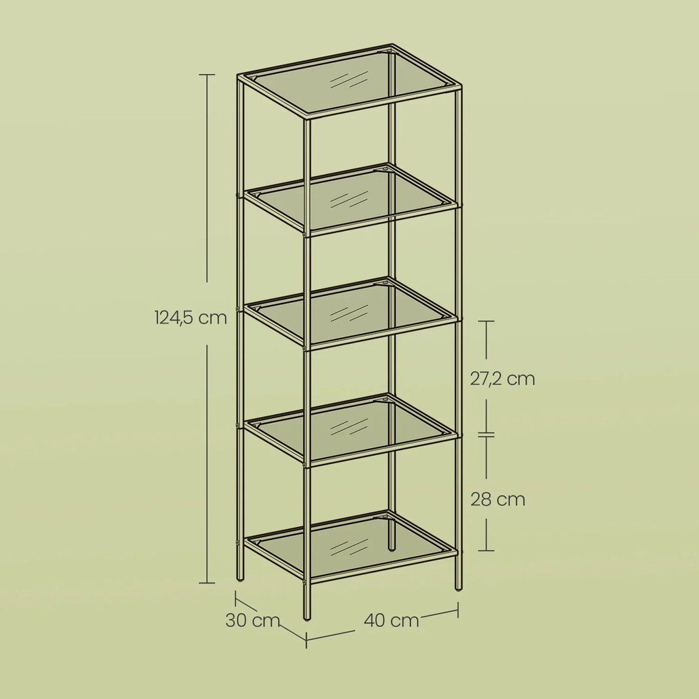 Estante de arrumação de vidro, aço com 5 prateleiras 35 x 40 x 124,5 cm preto