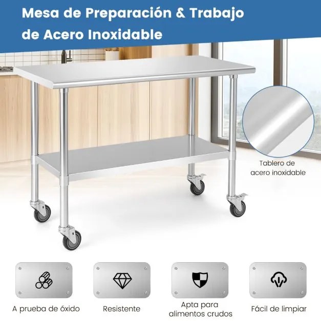 Carrinho de Cozinha Mesa de trabalho em aço inoxidável com 4 rodas Pernas galvanizadas Estante ajustável para cozinha 122 x 61 x 89 cm Prateada