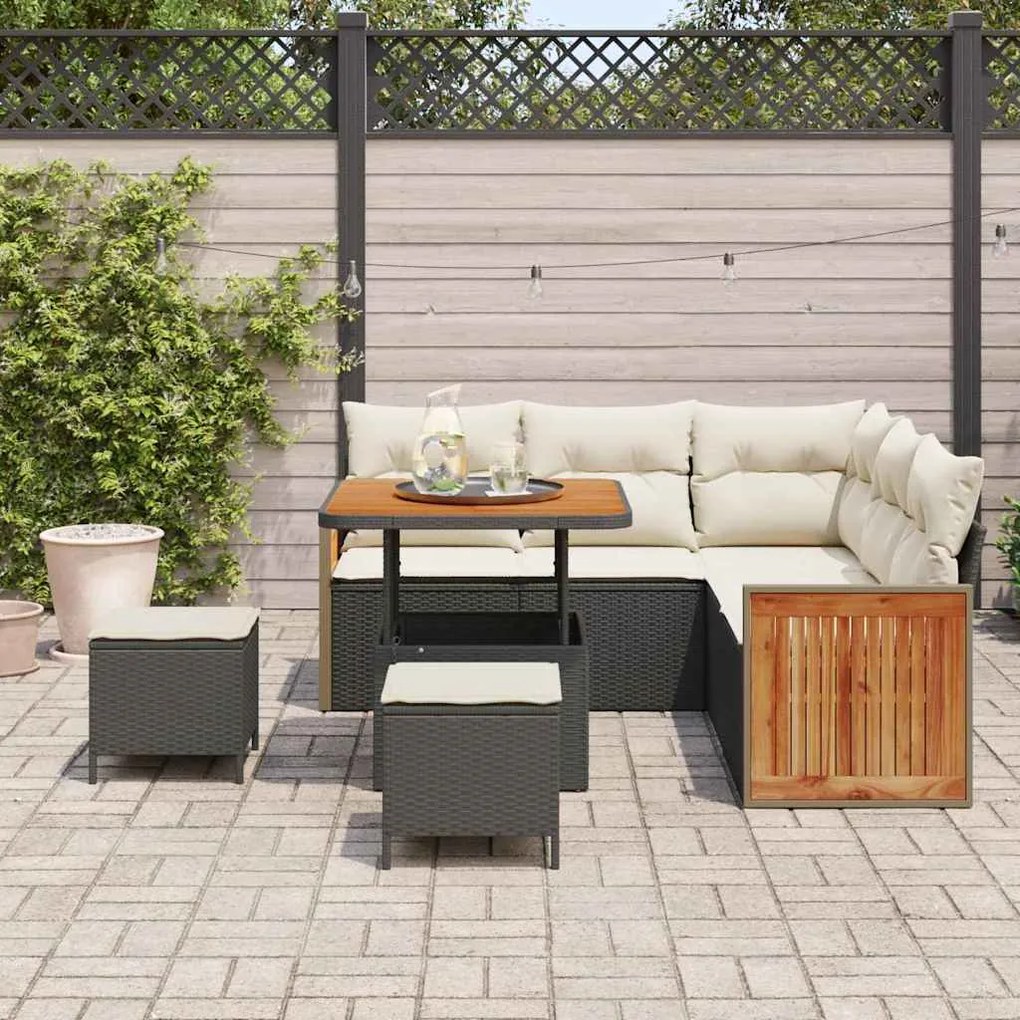Conjunto de Sofá de Jardim 8 Peças com Almofadas Pretas em Rattan Acác