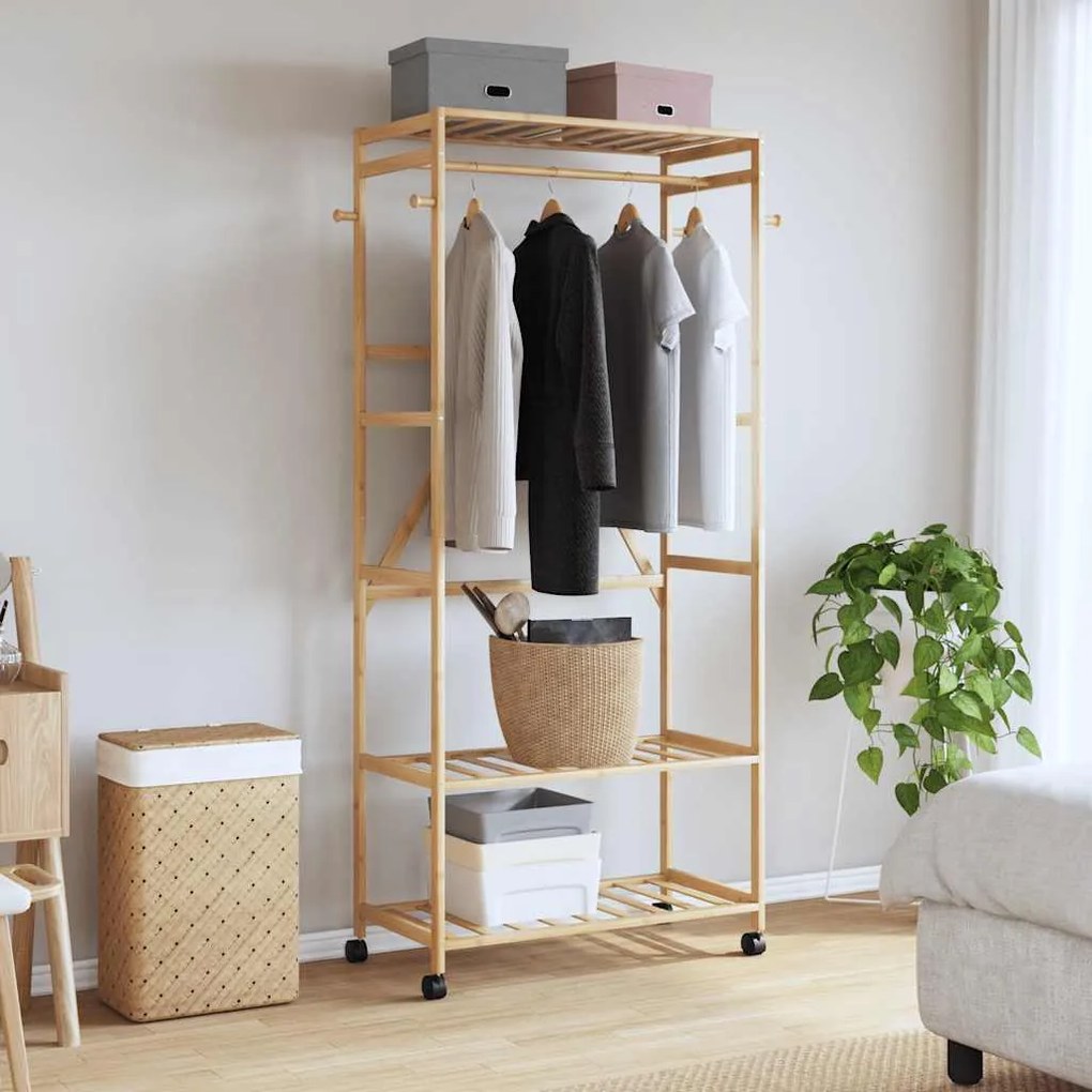 Cabide com prateleiras e rodas 90x40x179,5 cm bambu