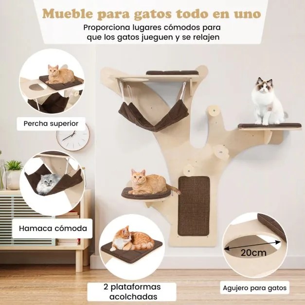 Arranhador de gatos de parede com rede, poleiro, arranhadores de sisal e almofadas Natural+Castanho