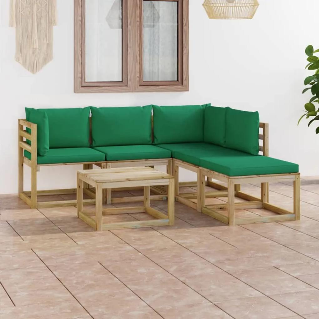 6 pcs conjunto lounge de jardim com almofadões verdes