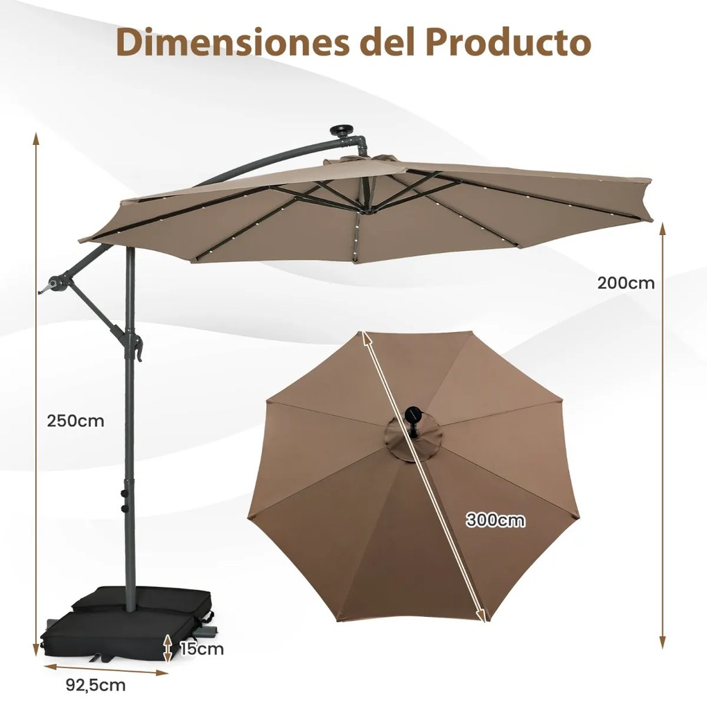 Guarda-sol de 3m com pega 32 luzes LED Painel solar com base de saco de areia pátio jardim piscina Castanho